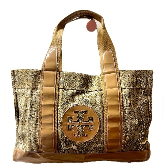 Tory Burch Women’s Snakeskin Canvas & Caramel Patent Leather Shoulder Tote - Picture 2 of 15